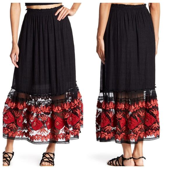 FREE PEOPLE NWT Black & Red Floral Lace Embroidered Maxi Skirt - Small - Picture 10 of 10